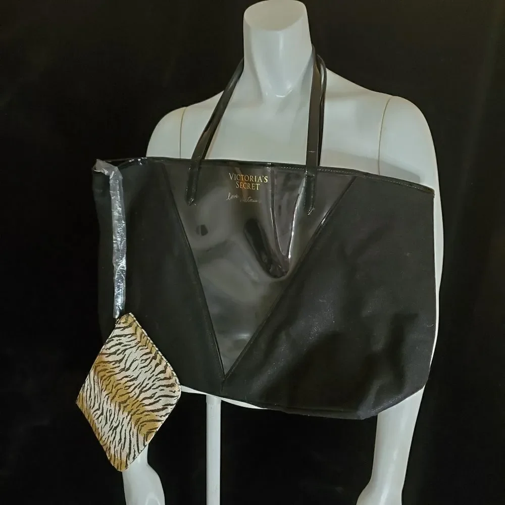 NWOT Victoria's Secret Black Tote Bag with Tiger Print Detachable Pouch